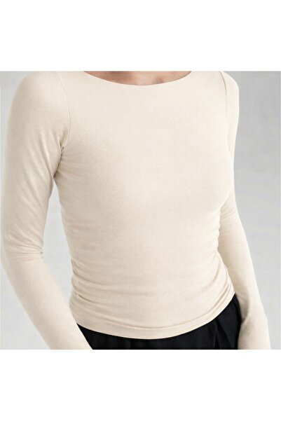 LUMİ Ultra Soft Boat Neck Slim Fit Long Sleeve Ecru Blouse