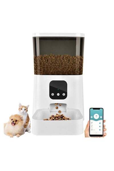 Arabest 6L white dog food dispenser, with voice recording, suitable for small, medium and large puppies