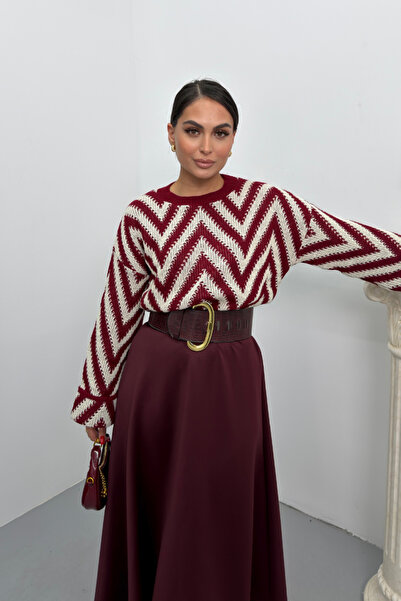 spirituel Women's Sweater Knitted Crew Neck Drop Shoulder Zigzag Patterned Sleeve Fold Detail Knitwear Sweater