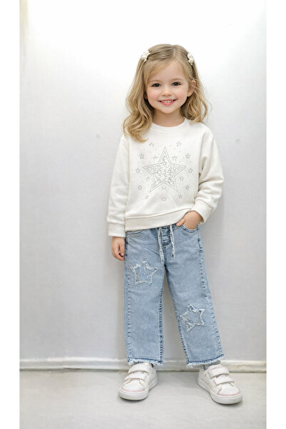 ÖZNUR Kız Çocuk Yıldız Desenli kot Pantolonlu Takım