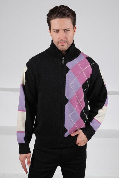 Ferraro Black/Lilac Zippered Diagonal Patterned 100% Lamb Wool Men's Knitwear Cardigan