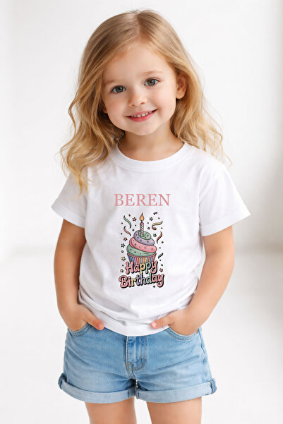 MODA Kişiye Özel İsimli Doğum Günü Happy Birthday Baskılı Beyaz Kız Çocuk Tişört