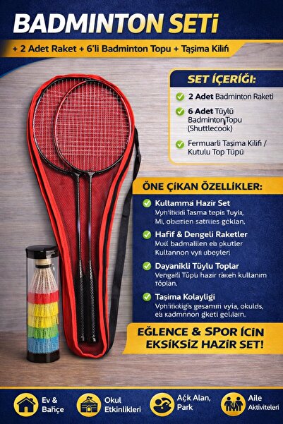 CKSpor Badminton Seti Taşıma Çantalı 2 Adet Raket + 6’lı Kutulu Badminton Topu