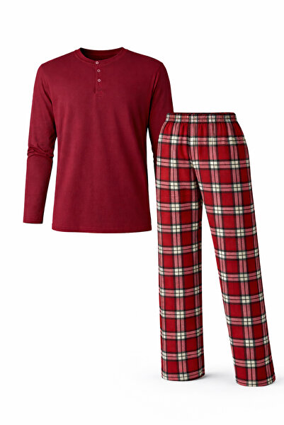 Mutlu City Ανδρικό σετ πιτζάμες ελαφρύ μακρυμάνικο με 3 κουμπιά καρό κάτω μέρ...