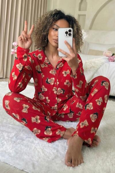 Niket Life Γυναικείο σετ πιτζάμες με μακρύ μανίκι με μοτίβο αρκουδάκι με κουμπιά μπροστά