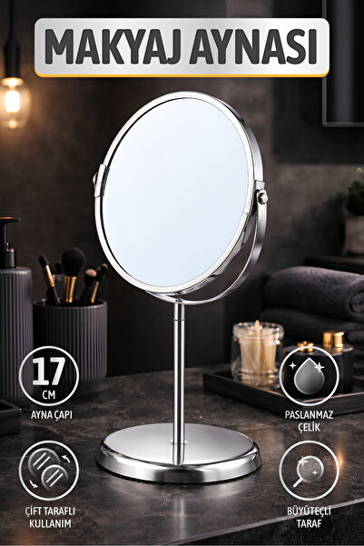 Badem10 Lüks Çift Taraflı Makyaj Aynası Paslanmaz Krom Ayaklı 17 Cm 2x Büyüteçli