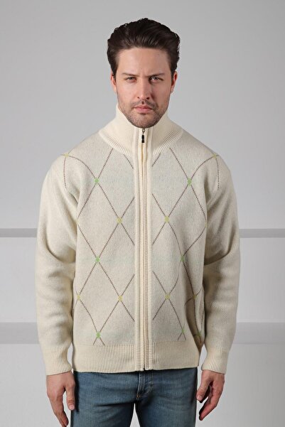 Ferraro Ecru Zippered Geometric Diamond Patterned 100% Lamb Wool Men's Knitwear Cardigan