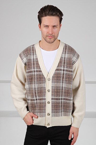 Ferraro Ecru V-Neck Buttoned Front Striped Lamb Wool Blend Men's Knitwear Cardigan