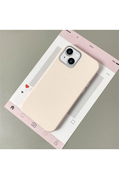 ucuc iPhone 13/14 Uyumlu Beyaz Deri Dokulu Silikon Kamerayı Korur Şok Emici K...