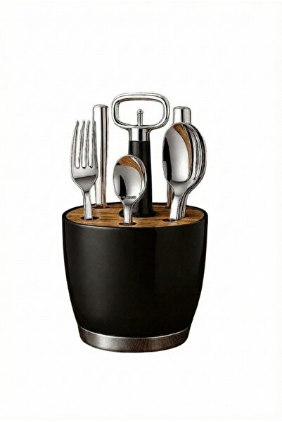 LUNA HOME LUNAHOME Retro Stainless Steel Cutlery Set with Holder – 6 Pieces, Black