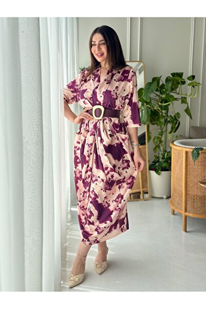 Opera Fashion Silk midi dress with an elegant pattern and a metal buckle belt