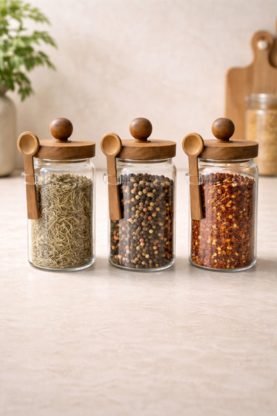 Kitchen Way وعاء توابل أكاسيا مكون من 3 قطع مع غطاء وملعقة سعة 750 مل طراز KW-736