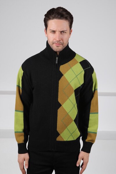 Ferraro Black/Green Zippered Diagonal Patterned 100% Lamb Wool Men's Knitwear Cardigan