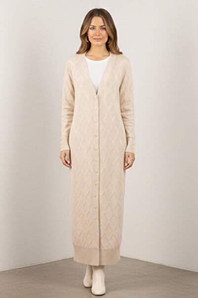 benguen Patterned Long Mercerized Cardigan N3295 Stone Color