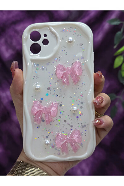 Magic Ring iPhone 11 Compatible Pink Bow & Pearl Detailed Glittery Epoxy Phone Case