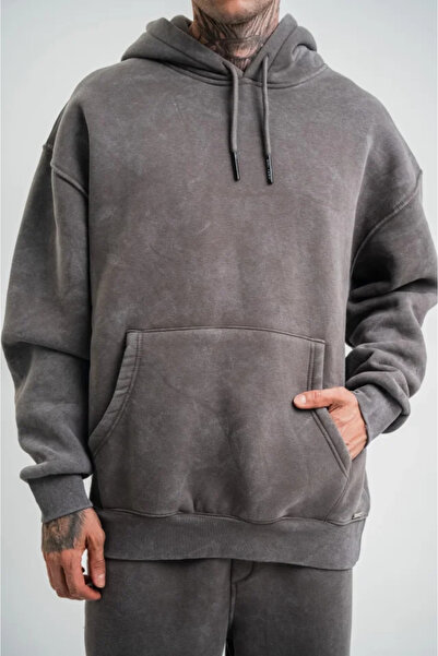 buğrahayalin Unisex Double Oversize Hooded Washable Sweatshirt - Smoked