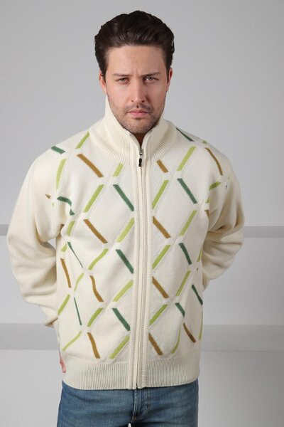 Ferraro Ecru Zipperless Green Stripe Detailed 100% Lamb Wool Men's Knitwear Cardigan