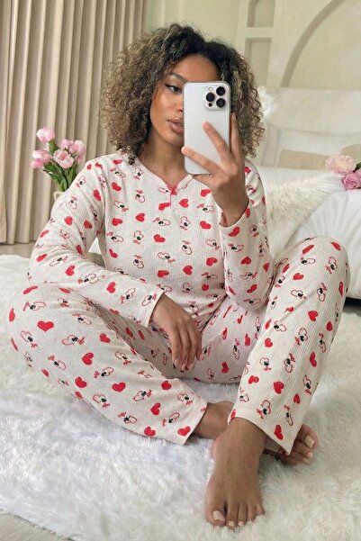 Niket Life Γυναικείο σετ πιτζάμες με μακρύ μανίκι με σχέδιο καρδιάς κοτλέ με ...