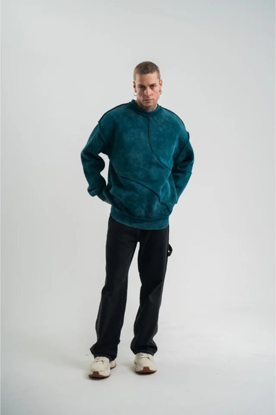 Giyimodam Crew Neck Washed Asymmetrical Cut Sweatshirt - Dark Sea Green