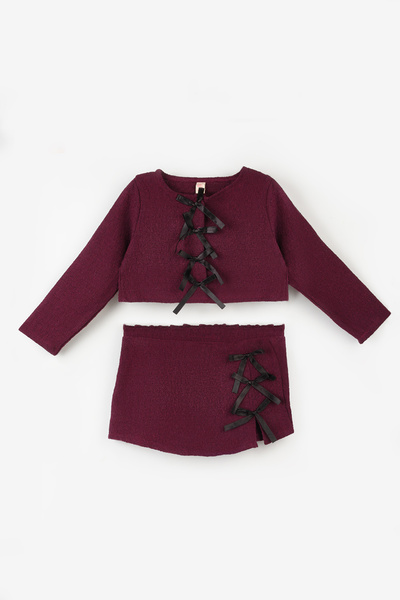 Le Mabelle Комплект пола и сако с панделки в цвят бордо за момичета - Silvana