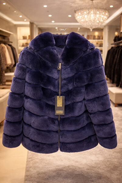 ARES Su Geçirmez Rex Tavşanı Kürkü Kadın Mont – Lacivert, Kapüşonlu, Lüks Kış...