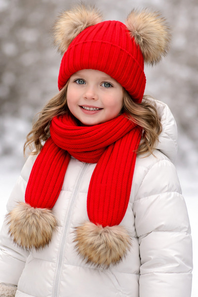 ESES BEBE Double Pompon Knitwear Scarf Hat Set