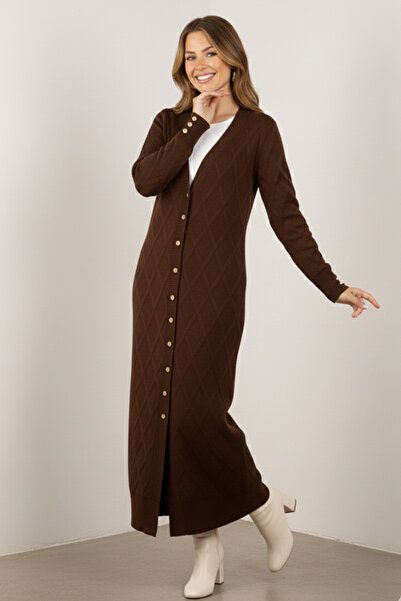 benguen Patterned Long Mercerized Cardigan N3295 Brown