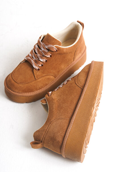 DELSOLERA Women's Tan Suede Thick Sole Lace-Up Orthopedic Daily Sports Shoes