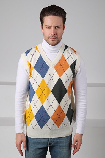 Ferraro Ecru/Indigo V-Neck Colorful Diamond Pattern Sleeveless 100% Lamb Wool Men's Knitwear Sweater