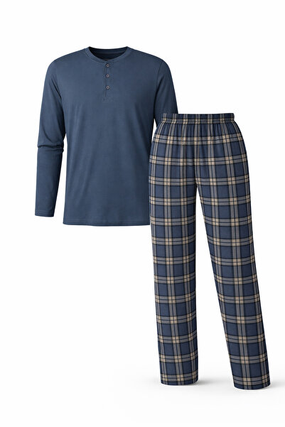 Mutlu City Ανδρικό σετ πιτζάμες ελαφρύ μακρυμάνικο με 3 κουμπιά καρό κάτω μέρος 16649