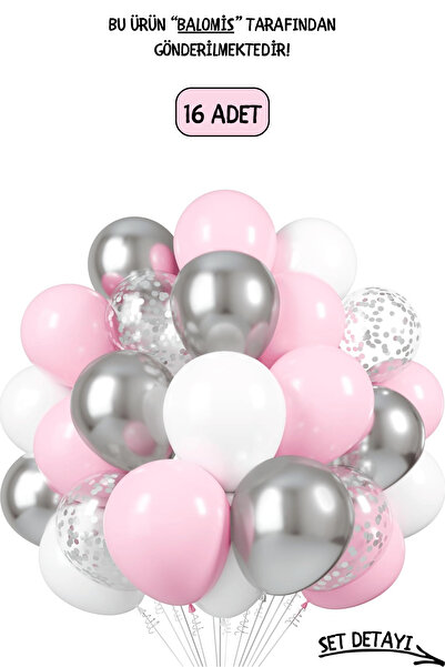 BALOMİS Pembe Beyaz Krom Gümüş Ve Şeffaf Balon Seti 11 İnç
