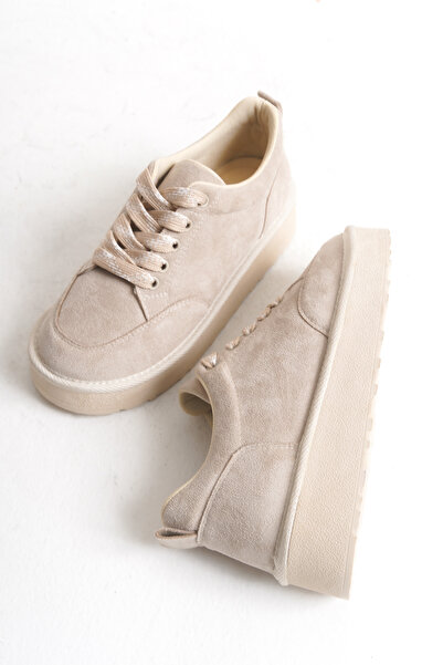 DELSOLERA Women's Beige Suede Thick Sole Lace-Up Orthopedic Daily Sports Shoes