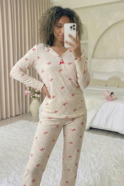 Niket Life طقم بيجامة نسائي من القطن طويل الأكمام بياقة على شكل كمثرى قماش مج...