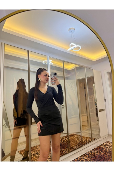 Gamze Ege Fashion Kruvaze yaka, uzun kollu, drapeli mini elbise