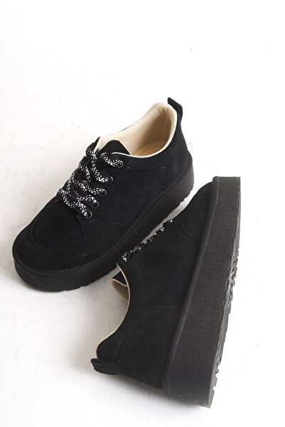 DELSOLERA Women's Black Suede Thick Sole Lace-Up Orthopedic Casual Sports Shoes