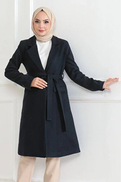 BLACK MODBLACK Women's Buttoned, Lined, Cashmere Coat - Navy Blue