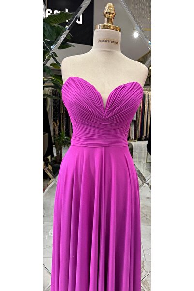 Hanımefendi Giyim Kalp Yaka Pileli Tasarım Fuşya Şifon Uzun Abiye Elbise