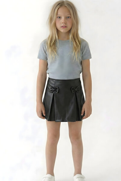 ESİLA KİDS Girl's Leather Skirt Black Ribbon Detail 4-14 Years Old