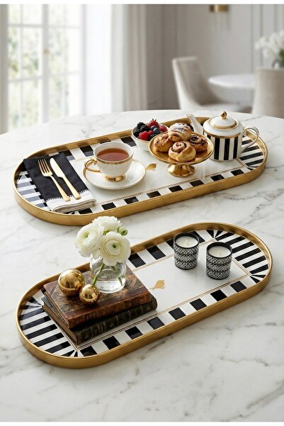 Yavuzhan Metal Gold Çerçeveli 2’li Siyah Desenli Dekoratif Oval Tepsi (13x30)