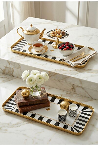 Yavuzhan Metal Gold Çerçeveli 2’li Siyah Desenli Dekorarif Dikdörtgen Tepsi (...