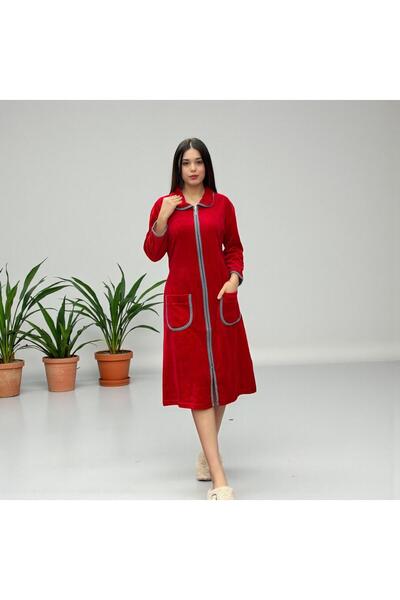 Şahteks Robă de damă din catifea cu vipușcă cu fermoar pe lungime întreagă, c...