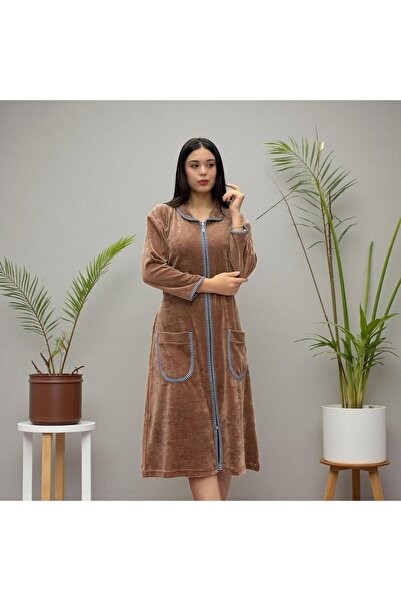 Şahteks رداء نسائي مخملي مخطط بحزام وجيوب بسحاب حواف أسطوانية