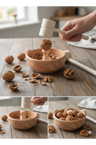 Altın express Natural Wood Walnut Crushing Set - 17 cm Wide Bowl with Pedestal and Ergonomic Pestle