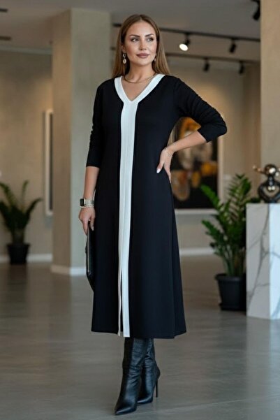 Mossta ριγέ Γυναικείο φόρεμα μίντι βισκόζης με δύο κλωστές - Μαύρο