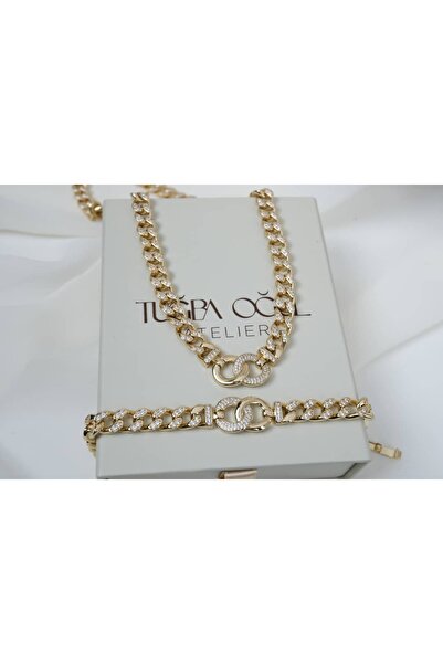 ATELİER TUĞBA Set005 Gold Color Stone Ring Link Detail Gourmet Chain Set