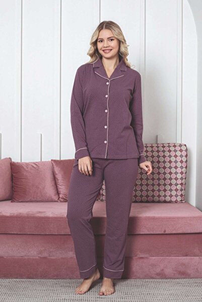 ALİMER Дамски пижамен комплект - розово с точки, копчета отпред, еластичен па...