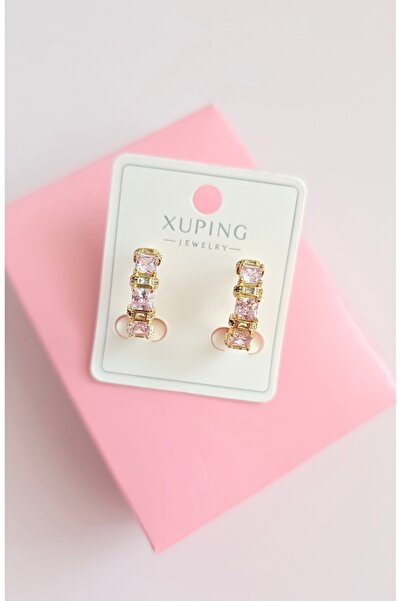 MİLUNXTE Xuping Vip Non Tarnish Stainless Gold Color Steel Hoop Earrings Jeweler Model Earrings with Pink Stone