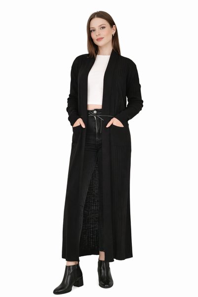 MISSRUBA Women's Black Corded Fabric Long Cardigan - Fh0001