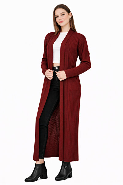 MISSRUBA كارديجان طويل نسائي باللون العنابي قماش مجدّل - FH0001