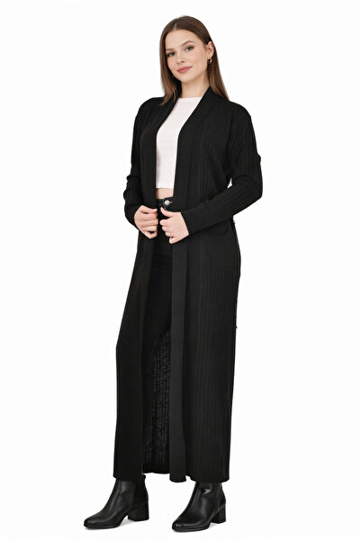 MISSRUBA Kadın Siyah Fitilli Uzun Hırka - FH0001